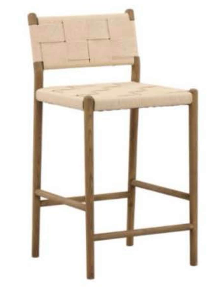 A contemporary bar stool featuring a light-toned solid wood frame and woven natural textile for both… — 3D model