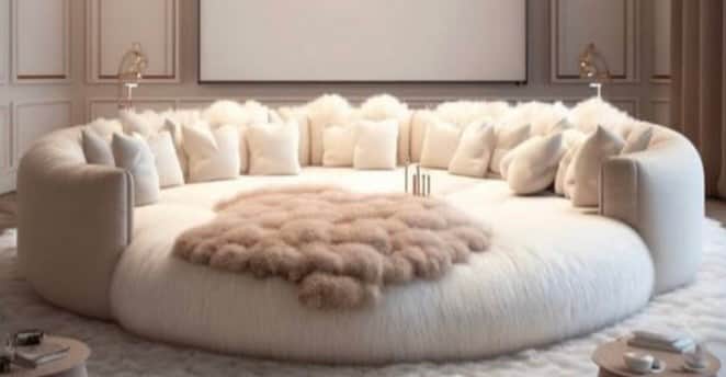 A large, circular, low-profile sofa upholstered in a dense, shaggy cream-colored fabric, featuring a… — 3D model