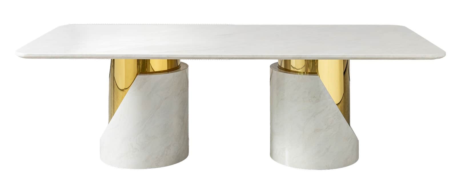 A contemporary rectangular dining table featuring a white marble tabletop and two distinctive pedest… — free OBJ 3D model