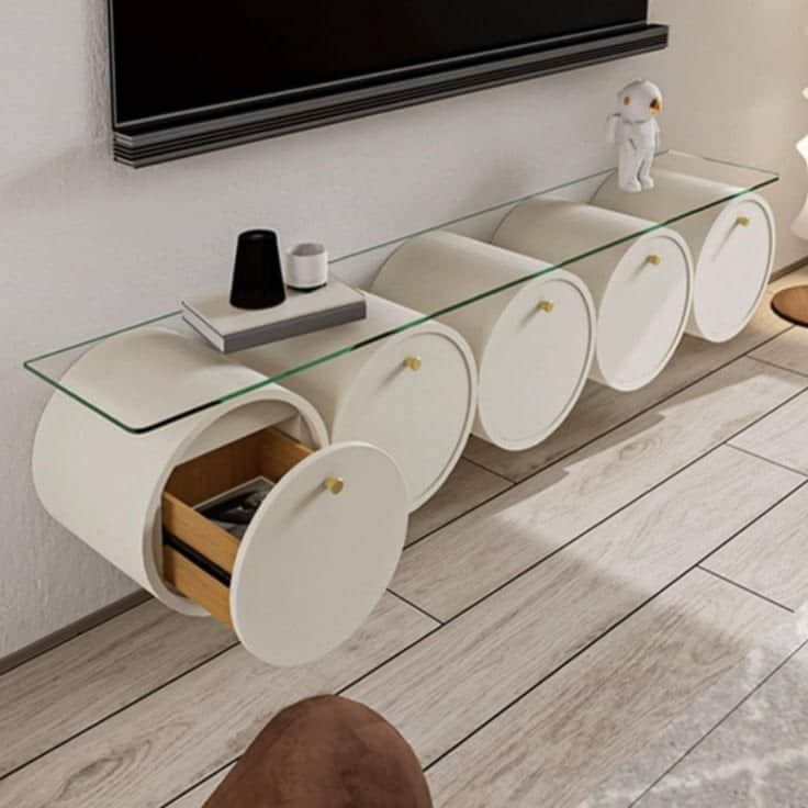 A contemporary console table featuring a clear glass tabletop supported by a series of five horizont… — 3D model
