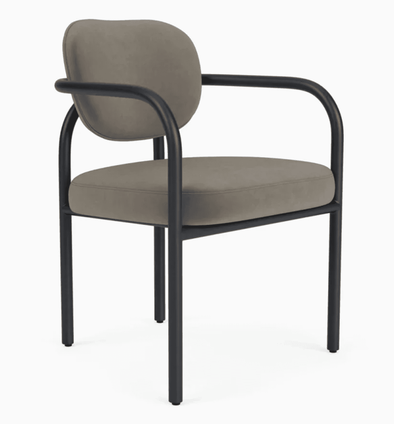 A modern upholstered armchair featuring a dark gray fabric seat and back, supported by a sleek black… — 3D model
