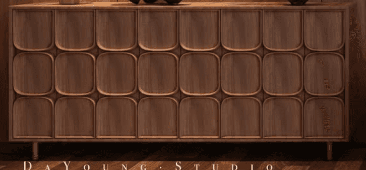 A long, low, rectangular credenza crafted from wood with a visible grain, likely walnut. The front f… — 3D model