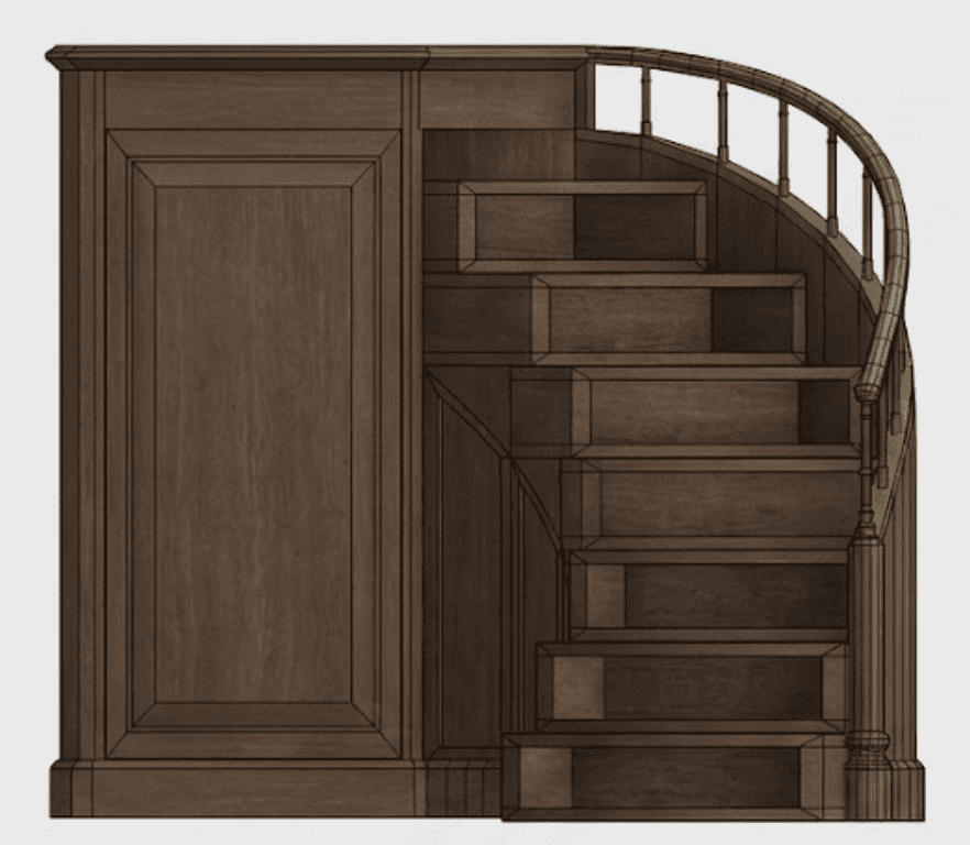 A dark brown wooden staircase unit, likely designed for a library or loft, featuring an integrated s… — 3D model