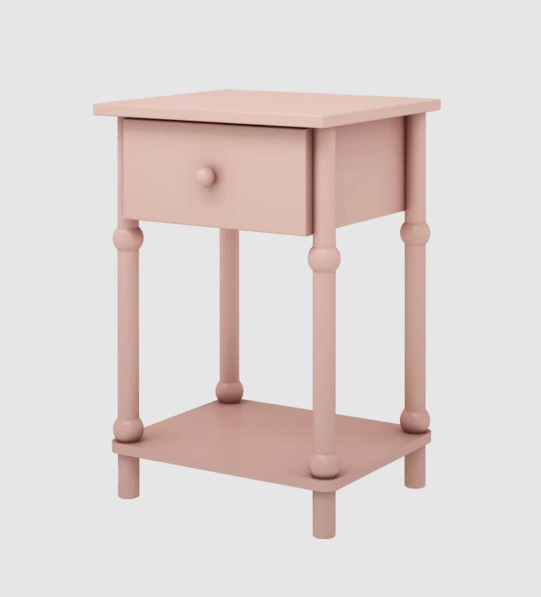 A pink nightstand with one drawer and an open lower shelf, supported by four turned legs. — 3D model