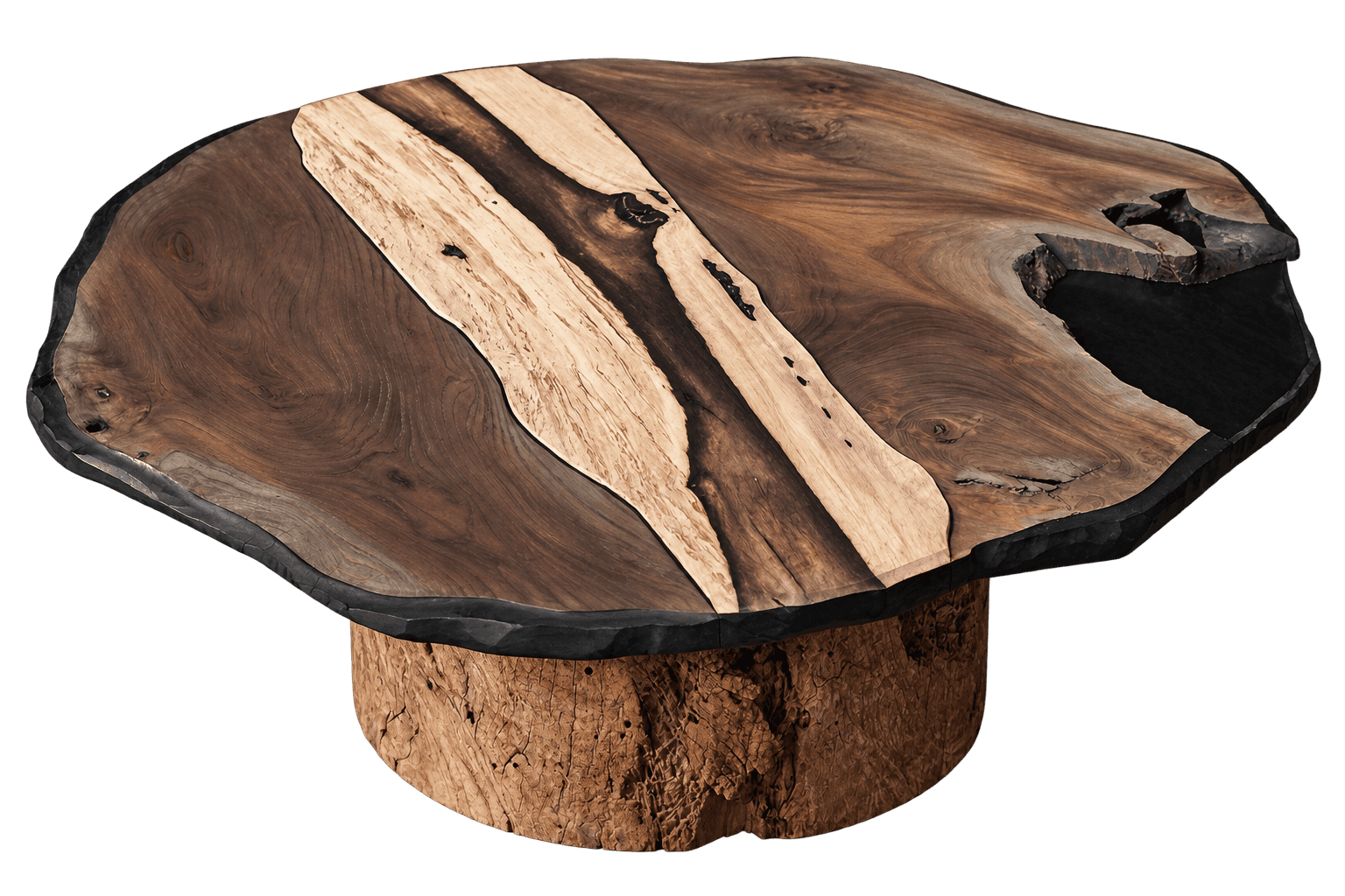 A rustic, live-edge coffee table featuring an organically shaped top crafted from multiple distinct… — 3D model
