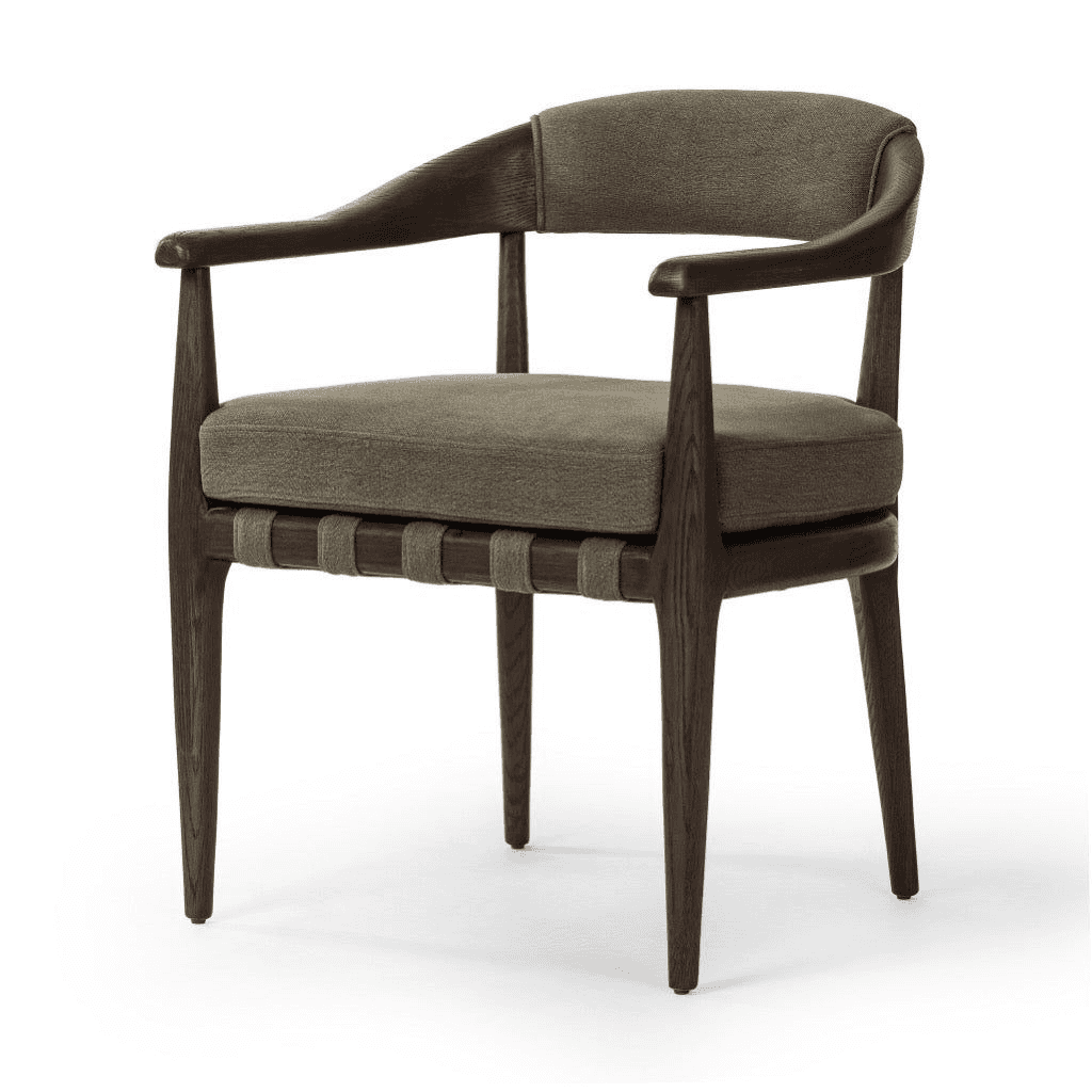 A dark wood armchair with a curved backrest and arms. The seat and backrest are upholstered in a tex… — free GLTF 3D model
