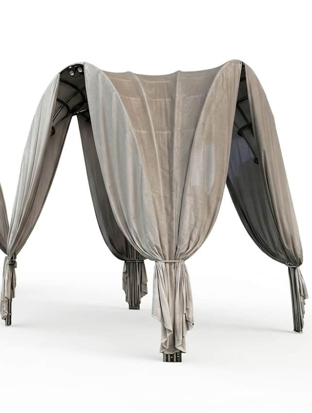 A freestanding gazebo with a draped fabric canopy. The structure is supported by four visible posts,… — 3D model