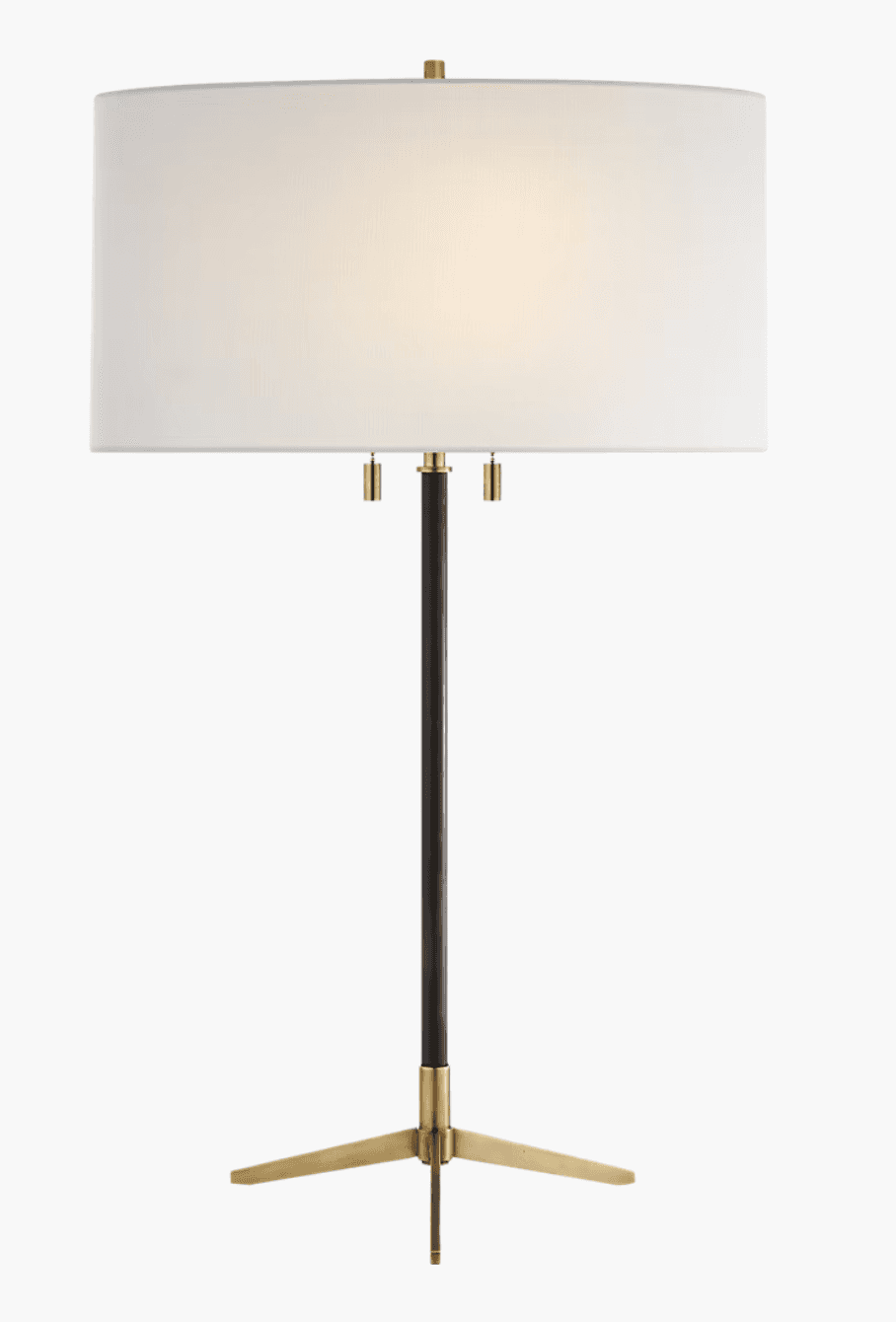 A table lamp featuring a white fabric drum shade supported by a slender, dark-colored column. The co… — 3D model