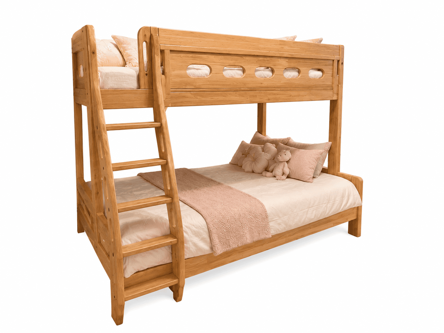 A wooden bunk bed with a ladder, featuring two sleeping levels. The upper bunk has a decorative slat… — free OBJ 3D model