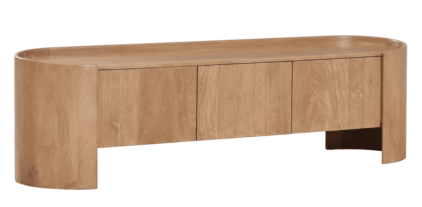 A modern, light-toned wooden storage cabinet featuring an elongated, rounded rectangular top with a… — 3D model