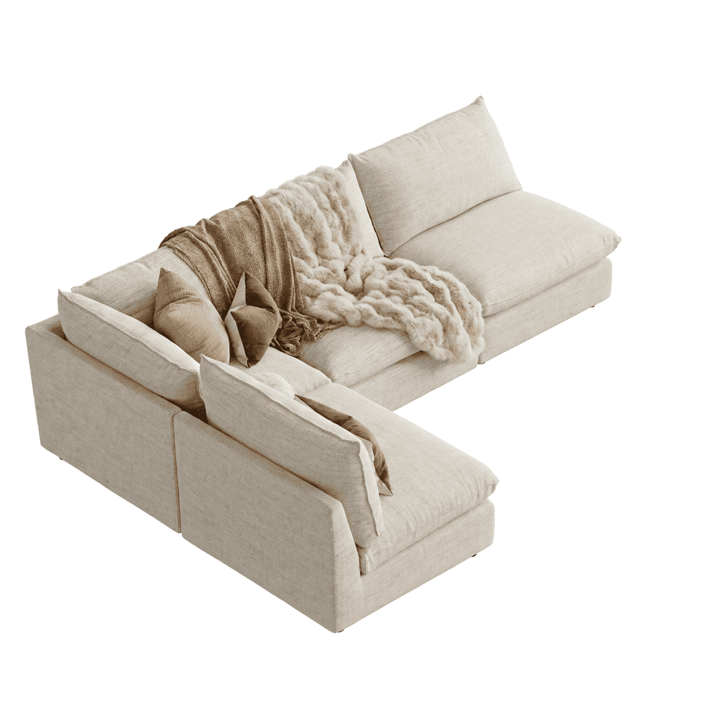 An L-shaped modular sectional sofa upholstered in a light beige, textured fabric, featuring plush, l… — 3D model