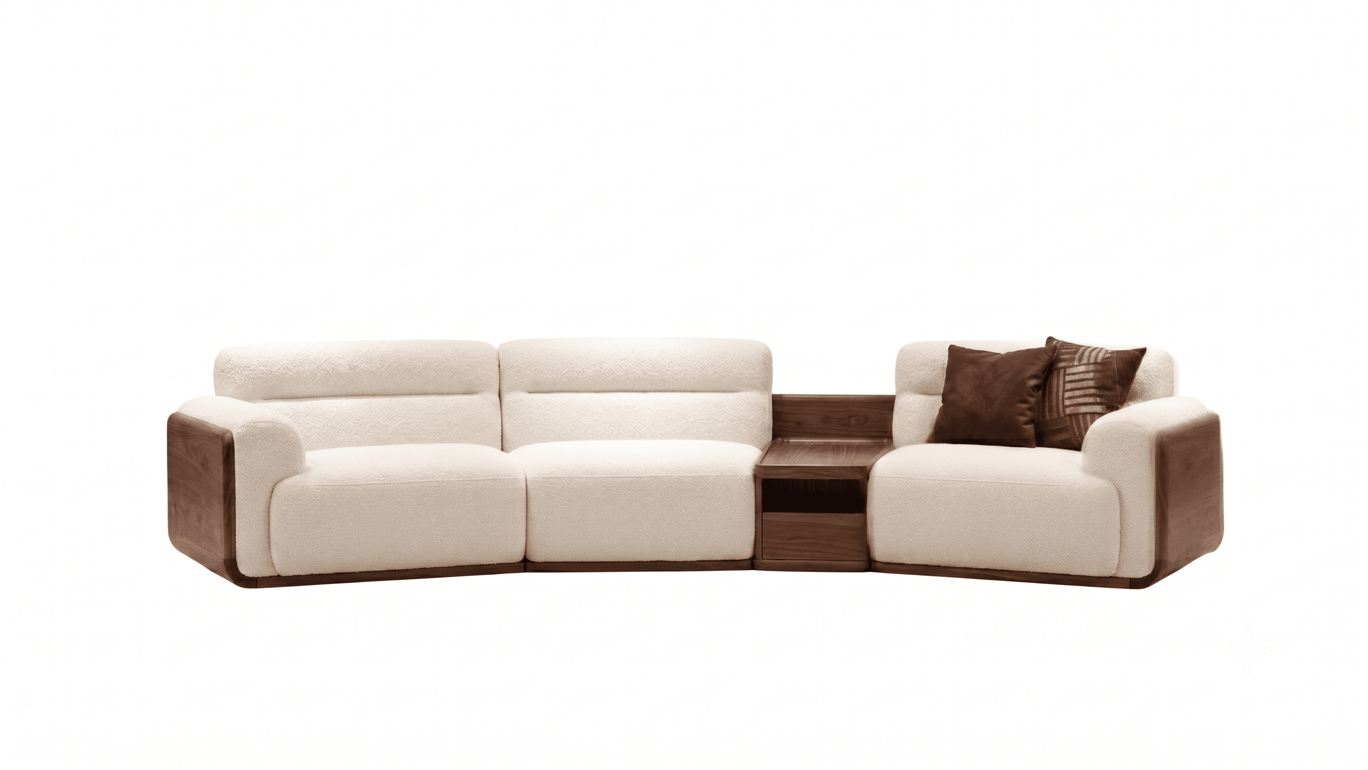 A contemporary modular sectional sofa featuring cream-colored boucle upholstery on plush seating and… — 3D model