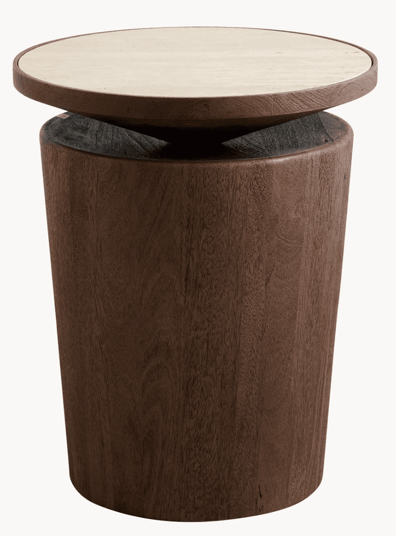 A contemporary side table featuring a cylindrical dark wood base with a lighter, circular wooden top… — 3D model