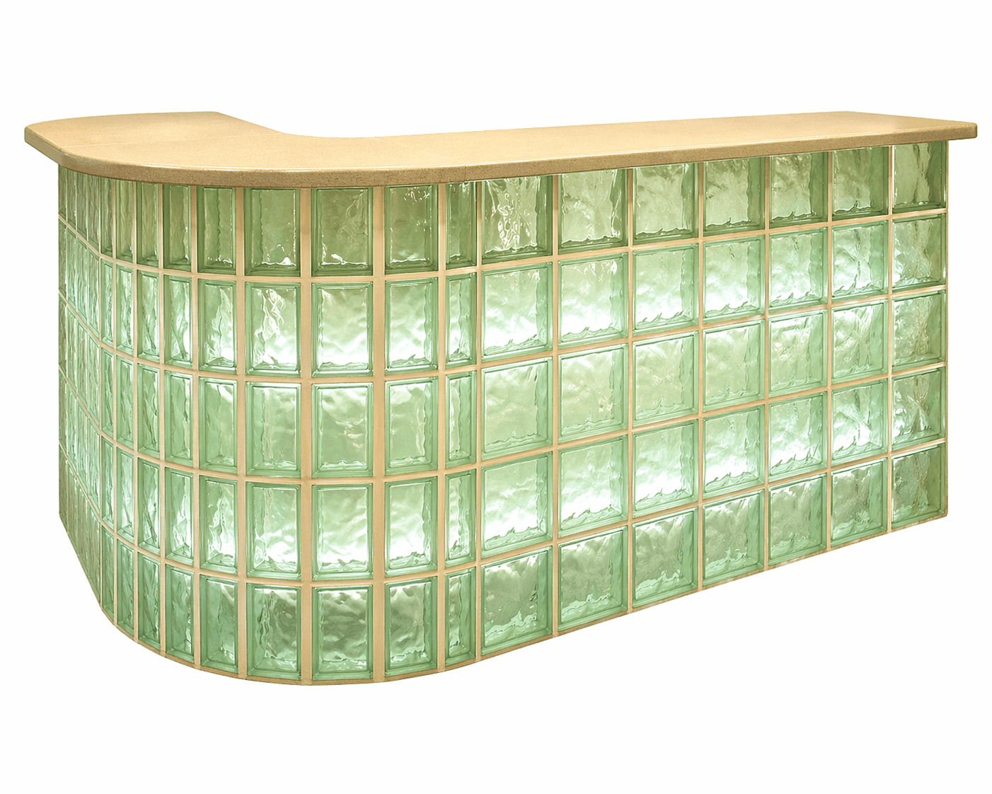 A curved reception desk or bar constructed with glass blocks. The glass blocks have a textured, tran… — 3D model