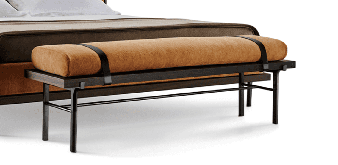 A modern, minimalist bench featuring a dark-stained wooden top, slender black metal legs, and a prom… — 3D model