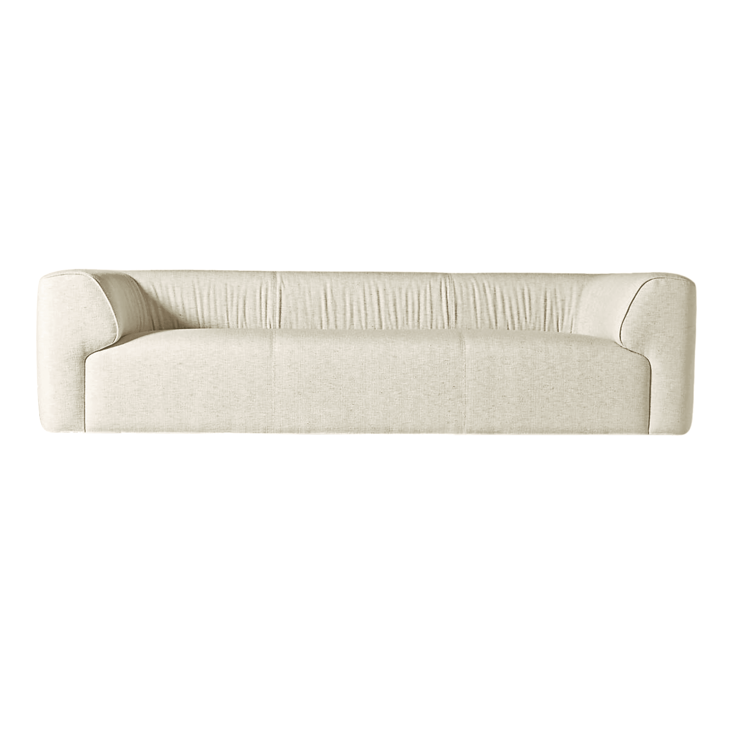 A three-seater sofa upholstered in a textured, light-colored fabric. The sofa features a gently curv… — free GLTF 3D model