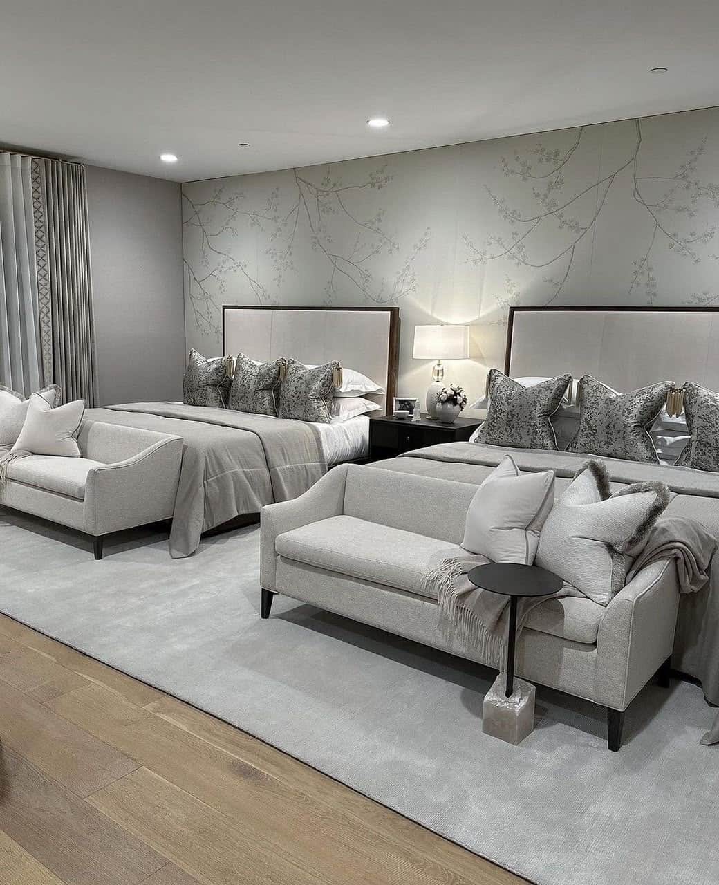 A contemporary king-size bed featuring a dark wood frame and a tall, rectangular upholstered headboa… — 3D model