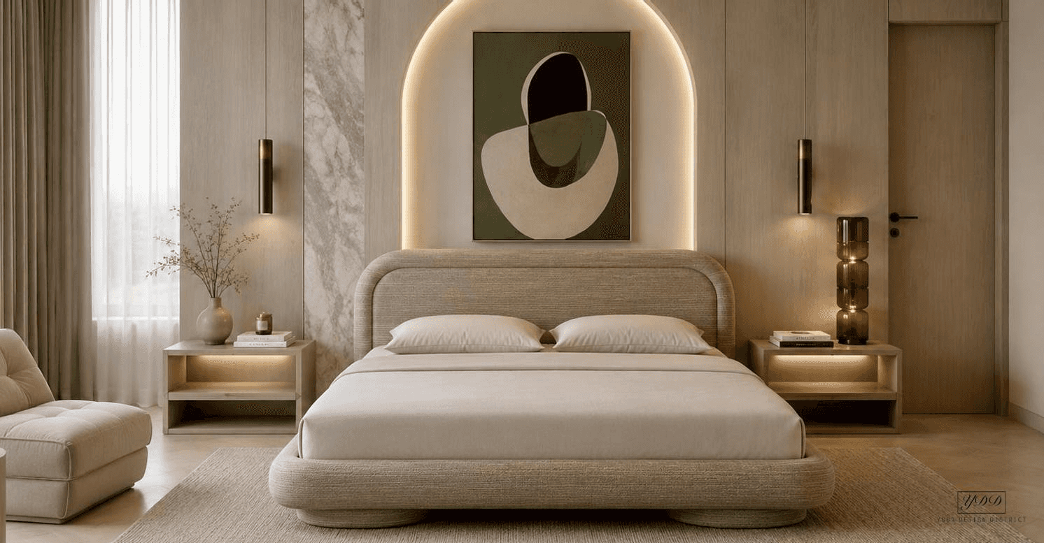 A modern platform bed featuring a fully upholstered frame and headboard. The design emphasizes soft,… — 3D model