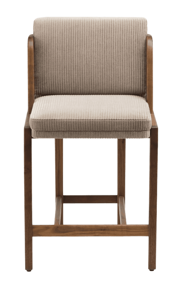 A wooden bar stool with upholstered seating and backrest. The upholstery is a light beige corduroy f… — 3D model