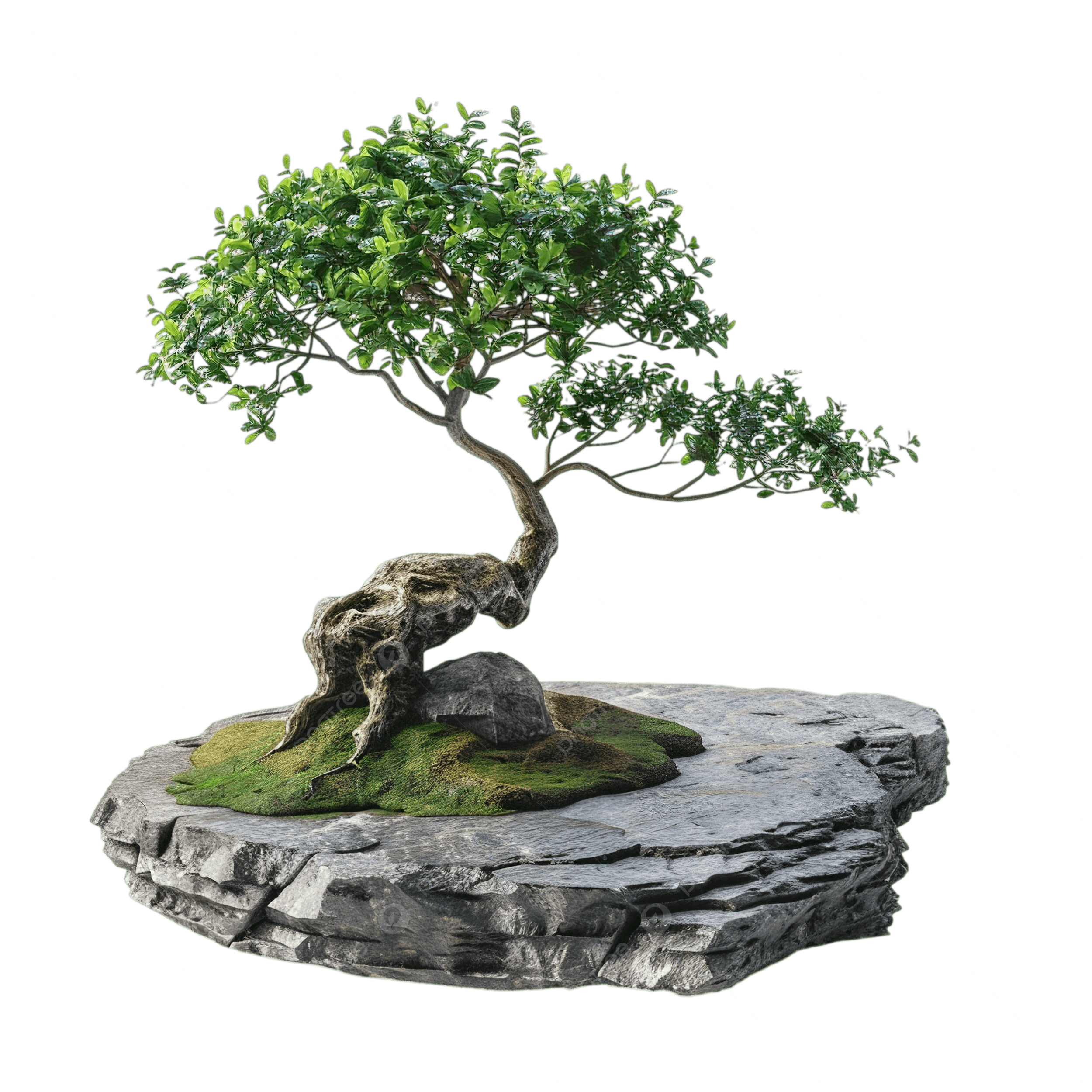 A meticulously rendered bonsai tree features a gnarled, exposed root system growing directly from a… — 3D model