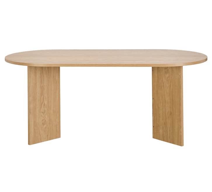 A modern dining table with an oval-shaped top and two solid, rectangular leg supports. The table is… — 3D model