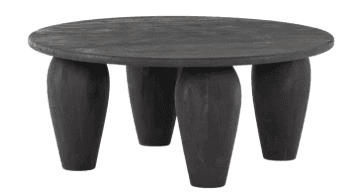 A small, round, black wooden coffee table with four stout, tapered legs. The table has a matte, slig… — 3D model