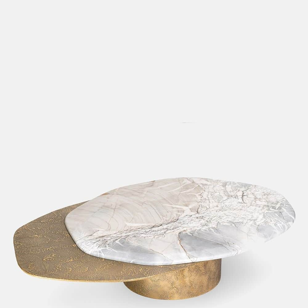 A modern coffee table featuring two overlapping, organically shaped tabletops. The upper tabletop is… — free GLB 3D model