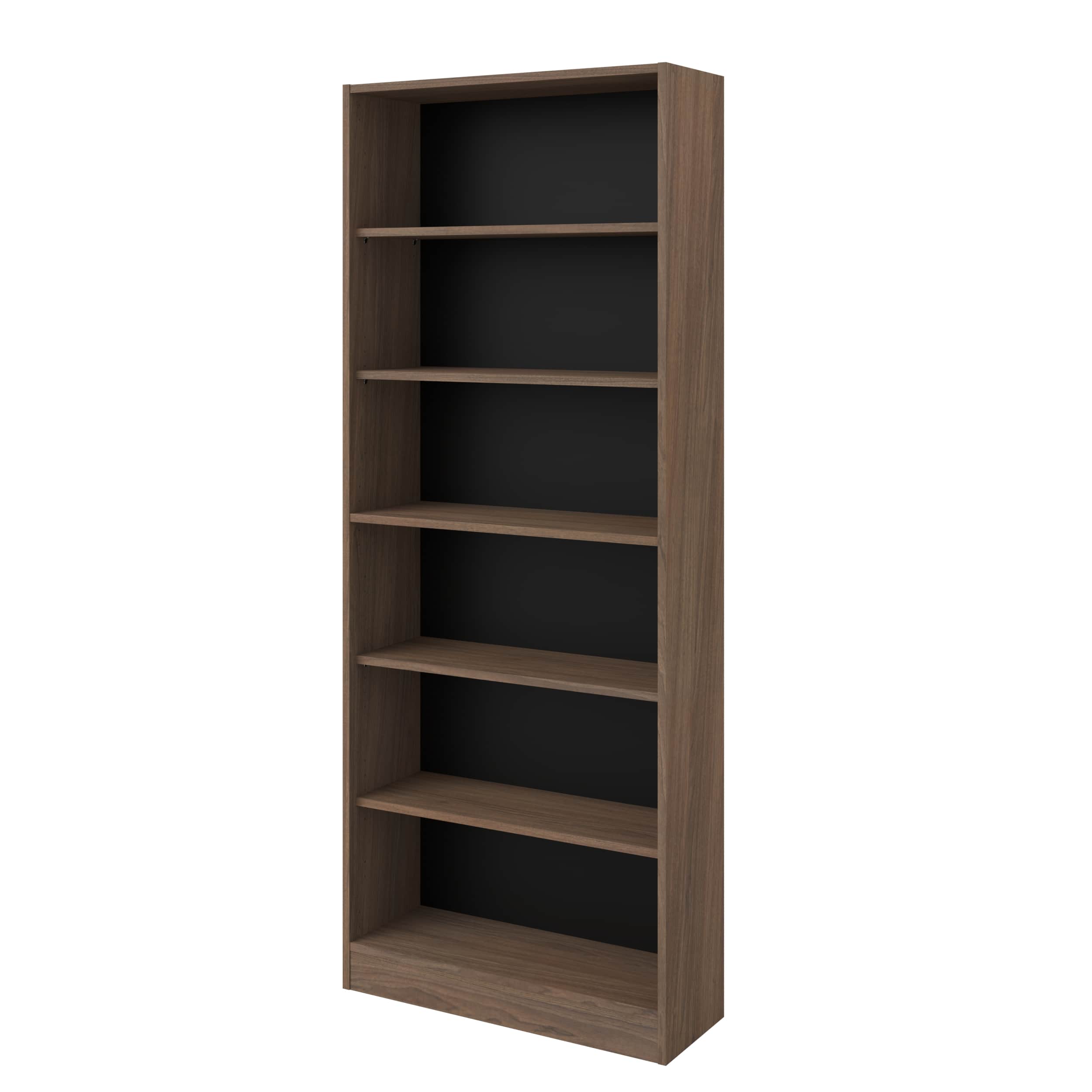 A tall, narrow bookcase featuring a dark brown wood-grain finish and a contrasting black back panel.… — free GLTF 3D model