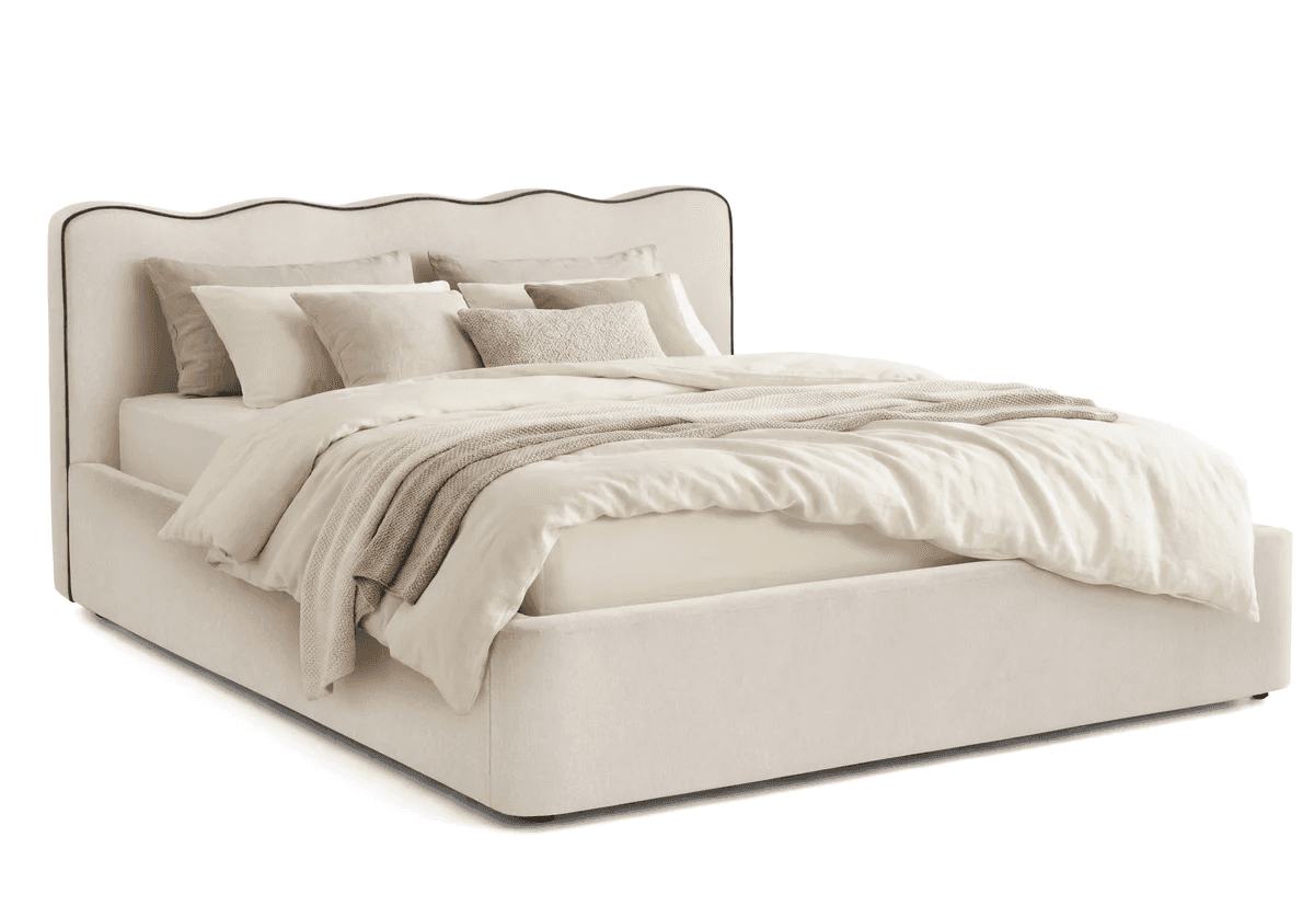 A contemporary upholstered platform bed featuring a distinctive scalloped headboard with contrasting… — 3D model