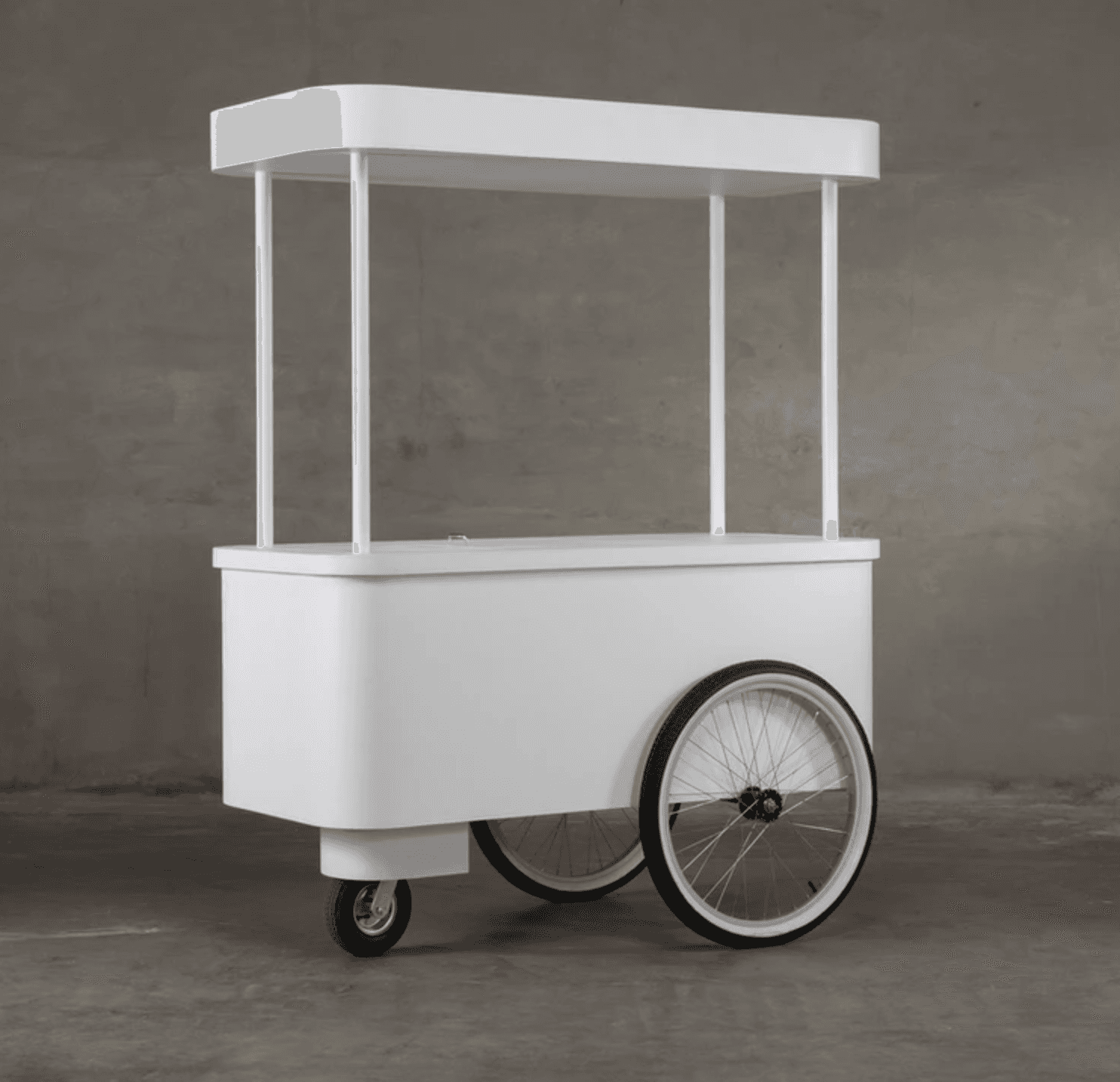 A mobile white cart with a canopy supported by vertical posts. The cart has a rectangular body with… — free OBJ 3D model