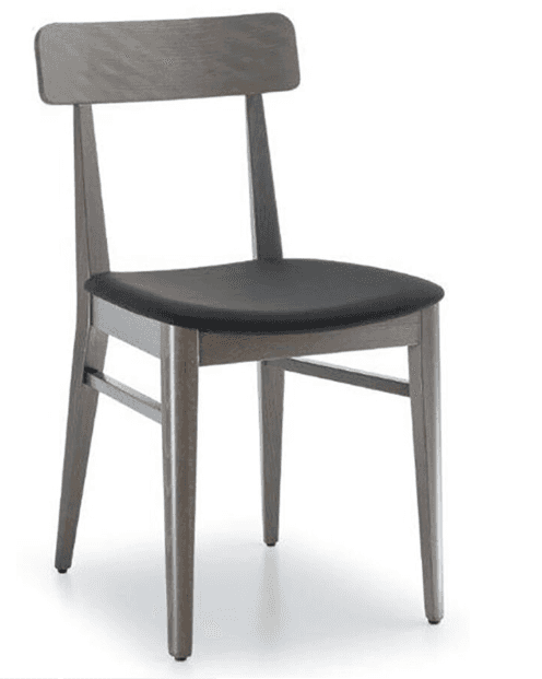 A modern dining chair featuring a grey-stained wooden frame and a black upholstered seat. The chair… — 3D model