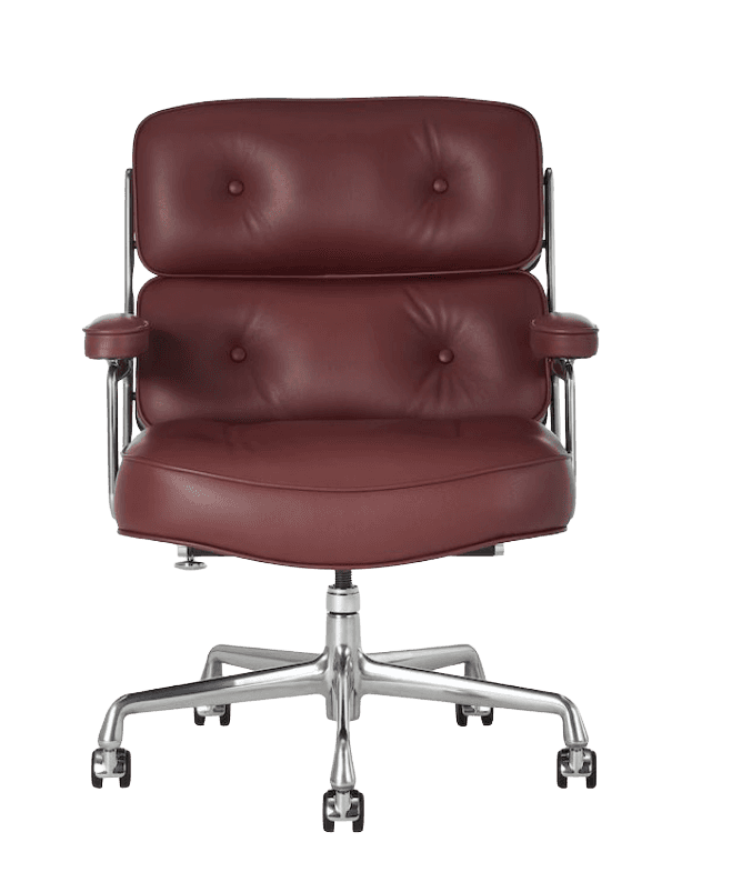 A burgundy leather executive office chair with a chrome frame and a five-star aluminum base on caste… — 3D model