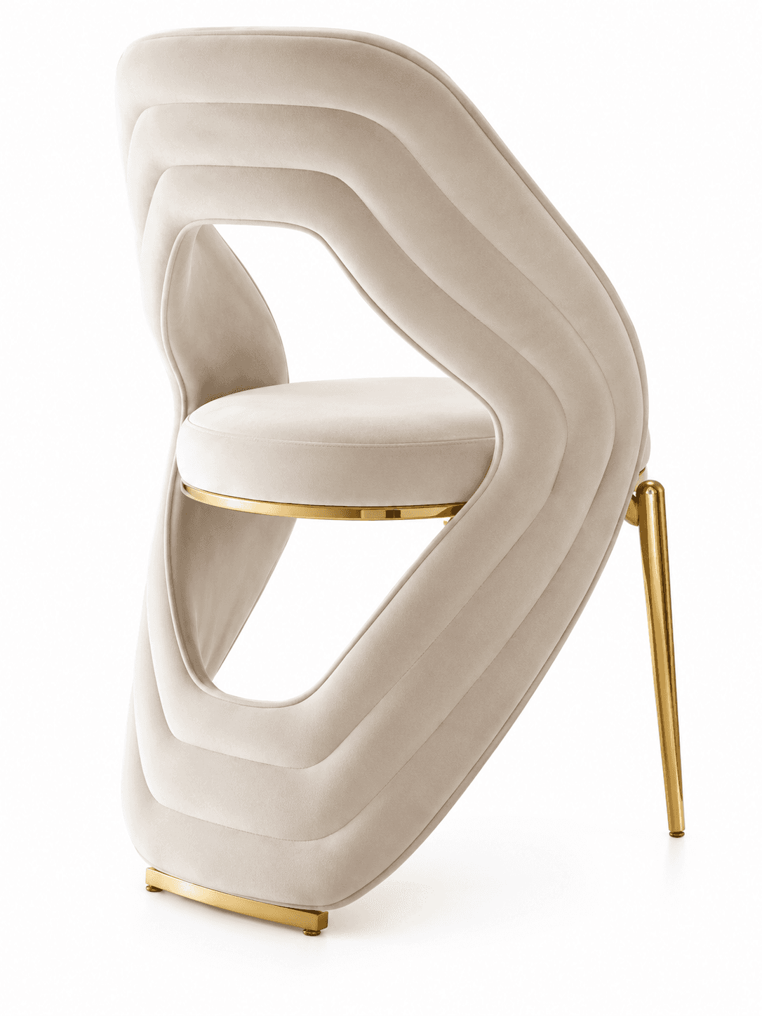 A contemporary dining or accent chair featuring a highly sculptural, open-backed design. The chair i… — 3D model