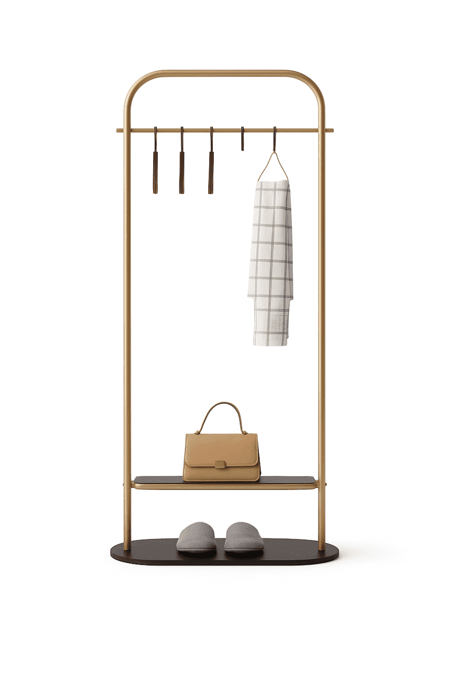 A freestanding coat rack with a gold-colored metal frame. It features a horizontal bar with multiple… — free BLEND 3D model