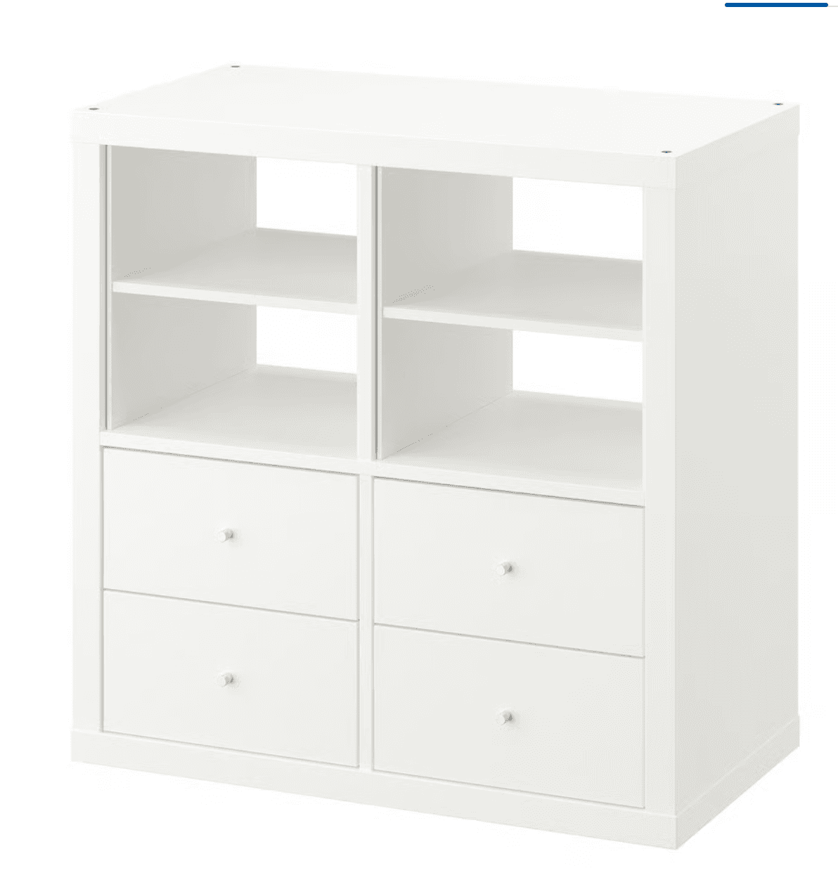 A modular white storage unit with an open cubby shelving system on top and two drawers on each side… — 3D model