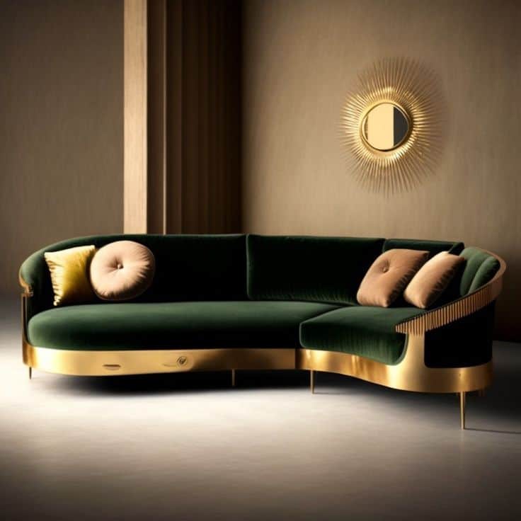 A luxurious curved sofa featuring emerald green velvet upholstery and a prominent polished brass bas… — 3D model