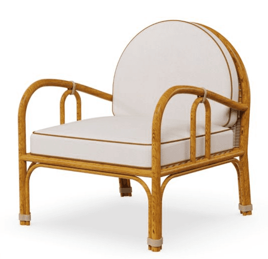 A light brown natural rattan lounge chair with a distinctive rounded backrest and armrests, featurin… — 3D model