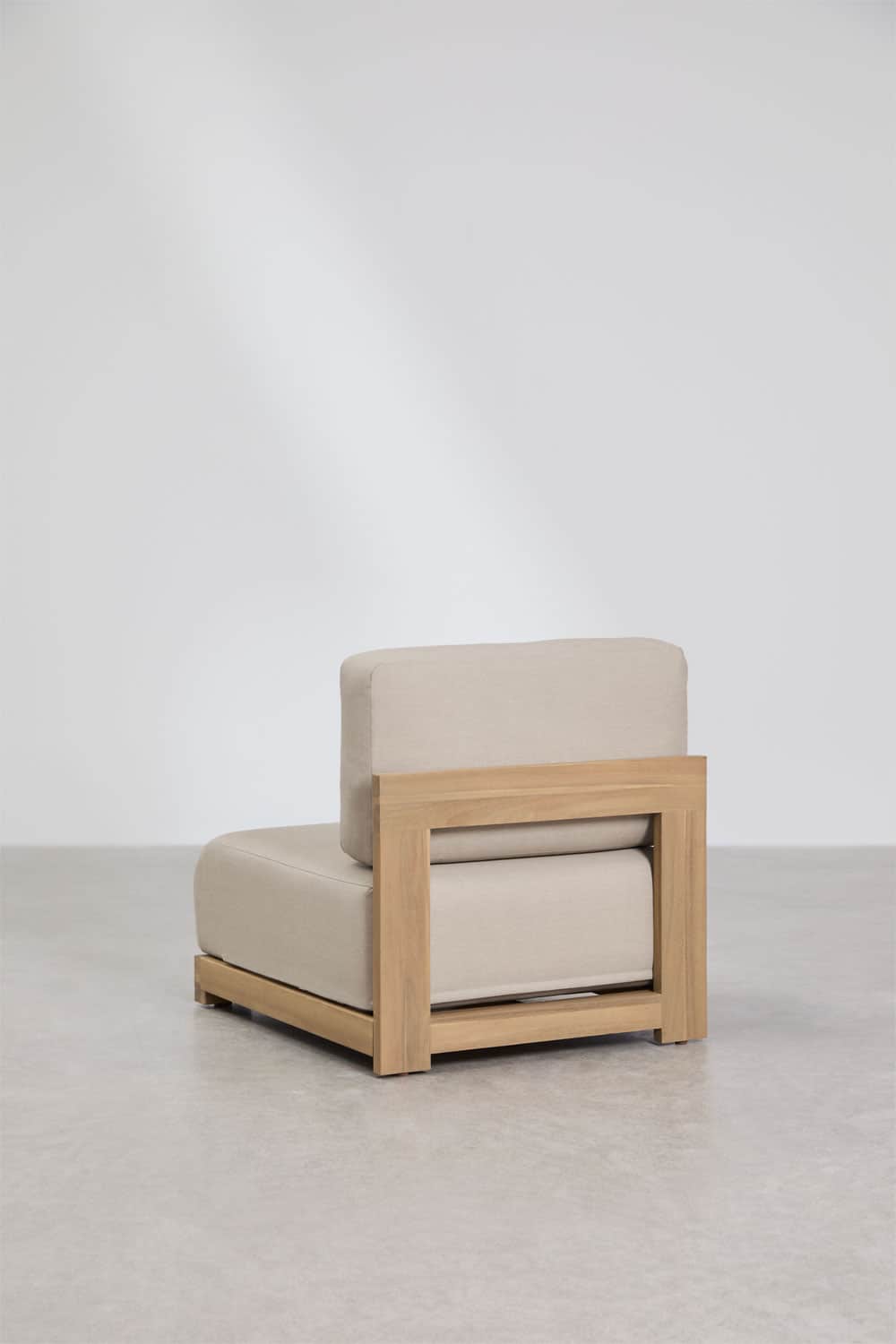 A compact, low-profile modular armchair featuring a natural light-toned wood frame and thick, light… — free OBJ 3D model