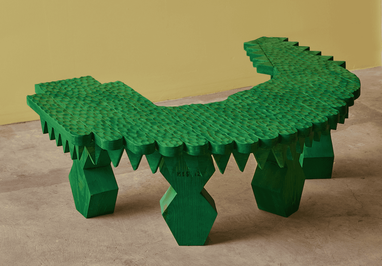 A vibrant green, elaborately carved low bench, shaped with an undulating profile reminiscent of a cr… — 3D model