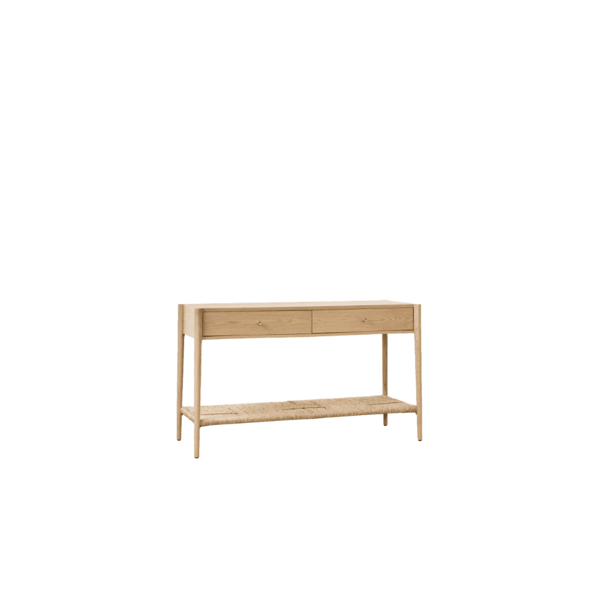 A narrow console table made of light-colored wood. It features a rectangular top with two drawers, e… — 3D model