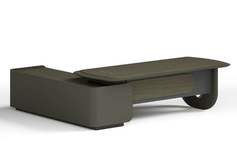 A modern coffee table with an asymmetrical design. It features a primary tabletop with a wood grain… — free BLEND 3D model