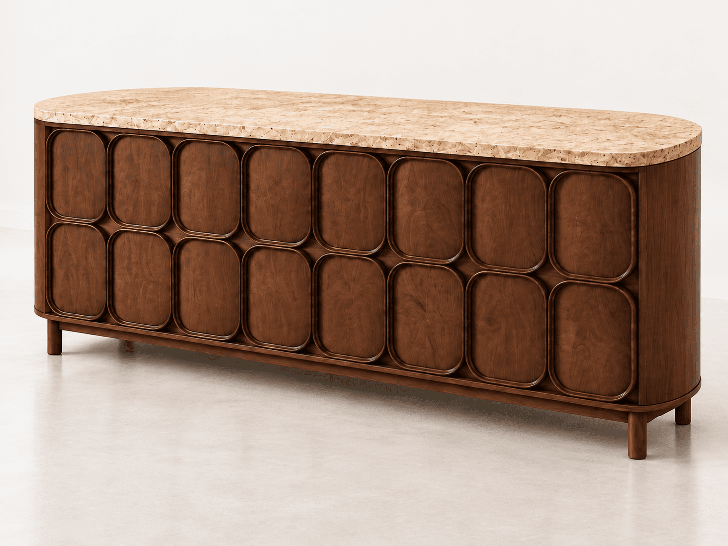A long, low wooden cabinet featuring a distinctive oval-shaped, speckled stone top and multiple cabi… — 3D model