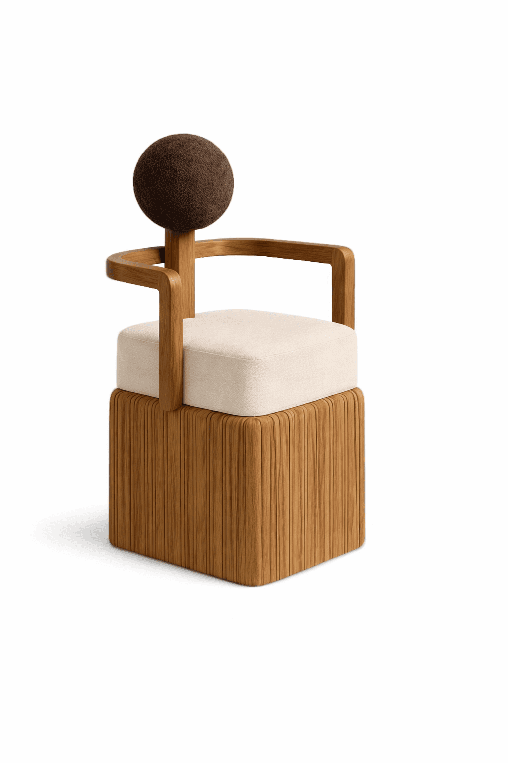 A modern armchair featuring a rounded, upholstered seat and a distinctive fluted wooden base. The fr… — 3D model