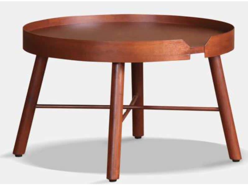 A round, wooden side table with a tray-style top featuring a raised lip and a small cutout. It stand… — 3D model