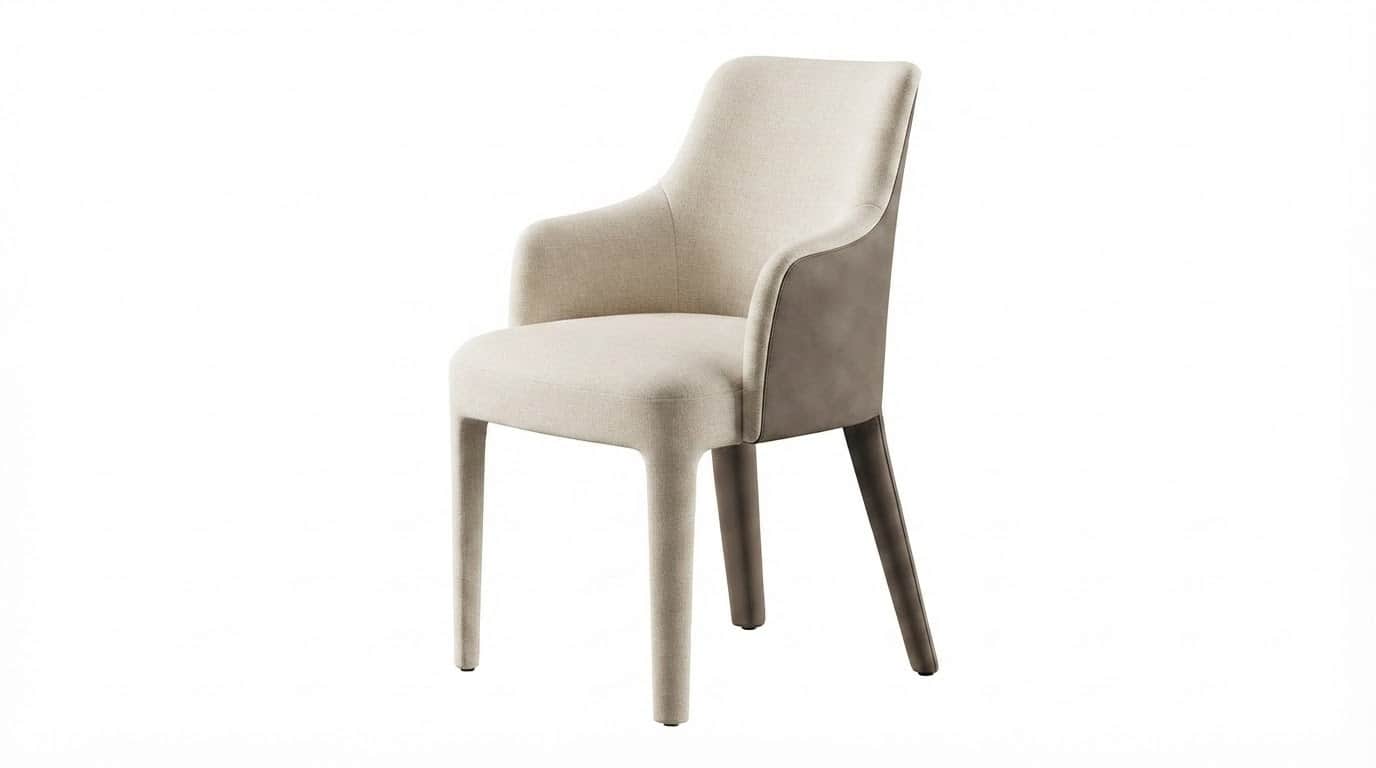 A contemporary upholstered armchair featuring a light beige fabric on the seat, backrest, and integr… — free OBJ 3D model