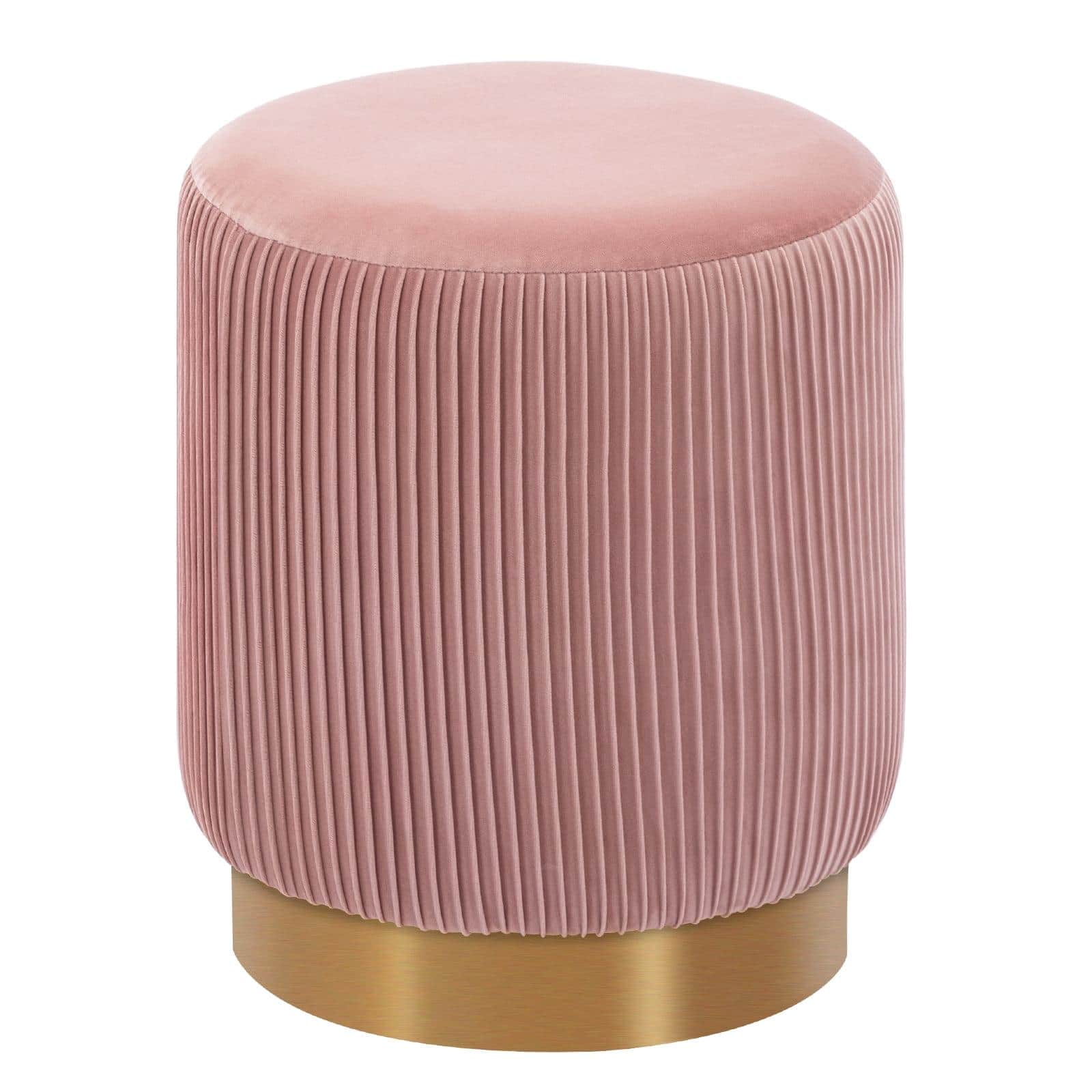 A cylindrical ottoman featuring a plush, smooth pink velvet top cushion. The body is upholstered in… — 3D model