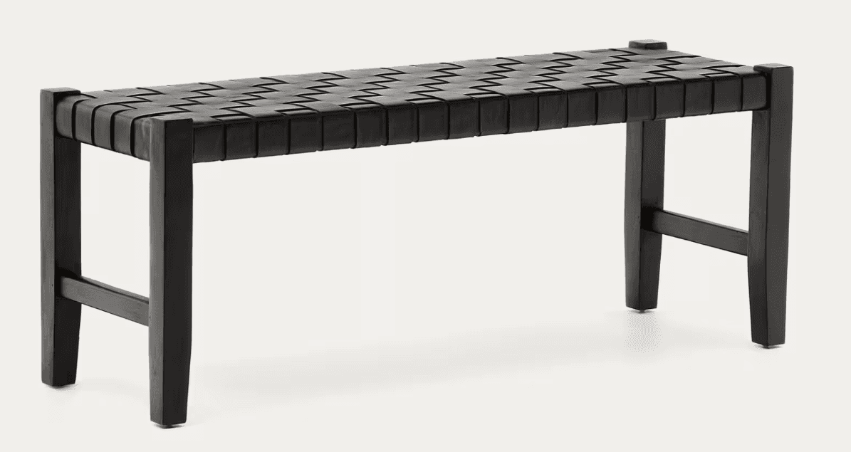 A black woven bench with a rectangular seat and four straight legs. The seat is constructed from hor… — 3D model