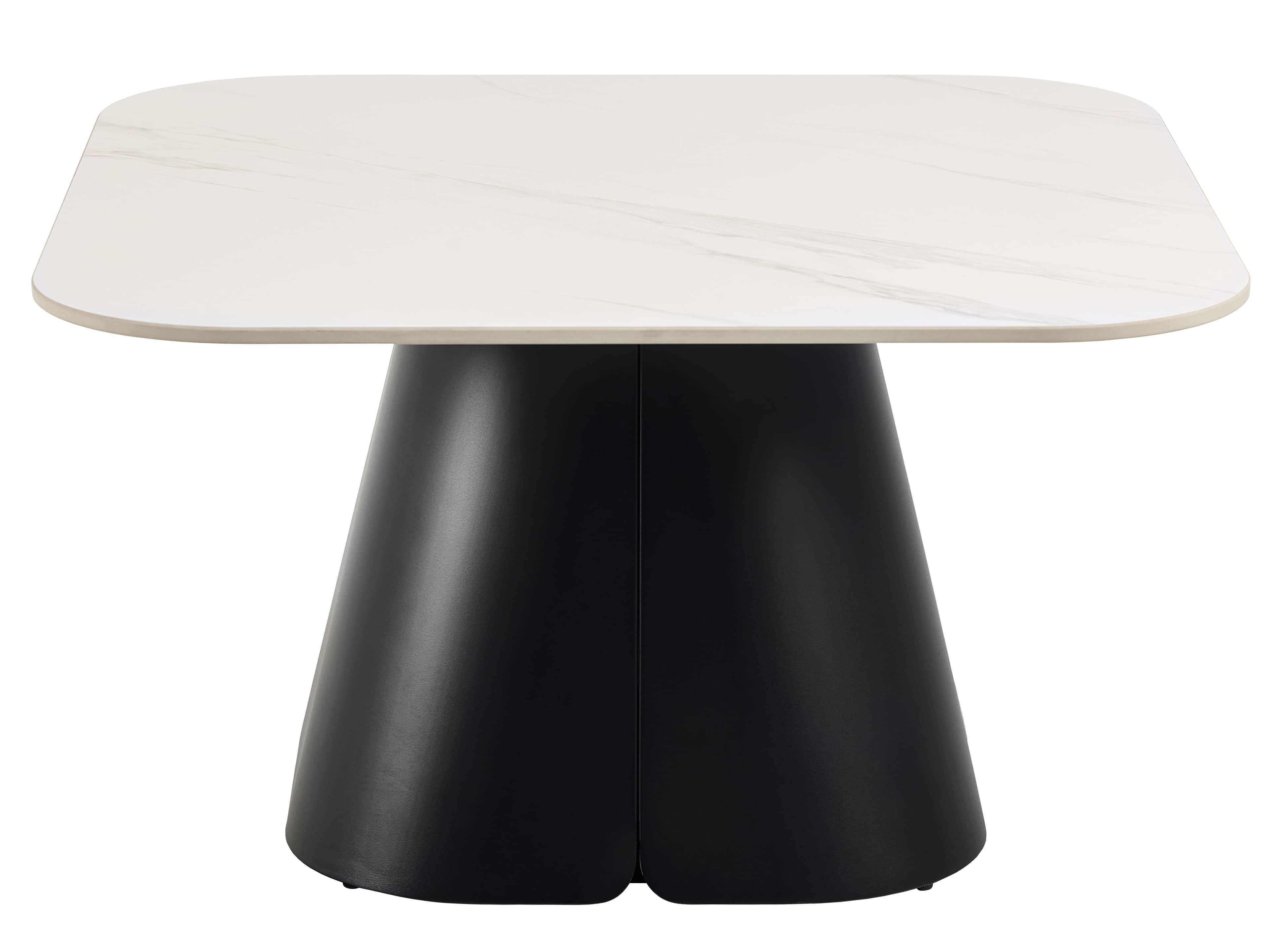A modern table featuring a rectangular top with softly rounded corners, made of a white material exh… — 3D model