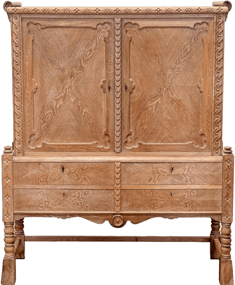 An antique wooden cabinet featuring a tall, two-door upper section with intricate carvings and panel… — free OBJ 3D model