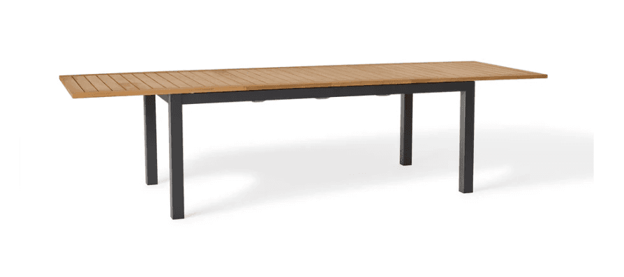 A contemporary rectangular dining table featuring a light-toned slatted wood tabletop that appears t… — 3D model